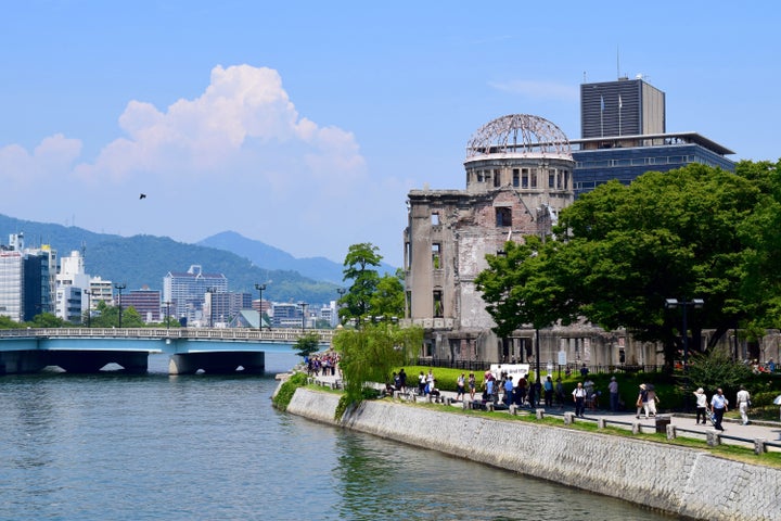 The A-bomb dome viewed from the Hiroshima Peace Memorial Park.