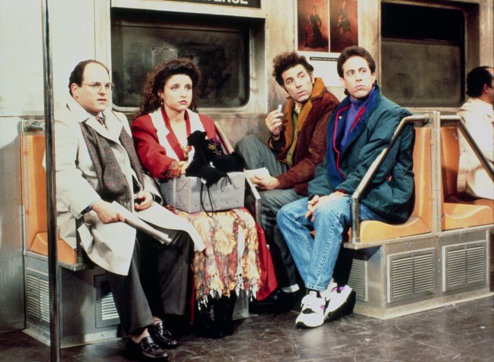 Jason Alexander as George Costanza, Julia Louis-Dreyfus as Elaine Benes, Michael Richards as Cosmo Kramer, Jerry Seinfeld as Jerry Seinfeld.