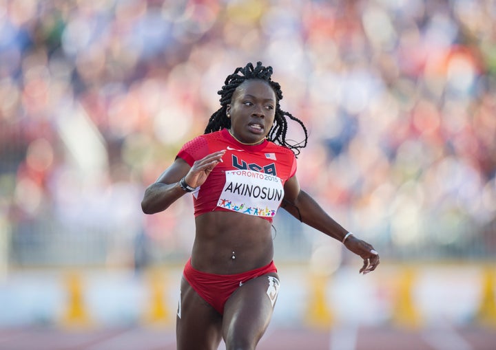 Morolake Akinosun competes in 100 meter semifinals at the 2015 PanAm Games in Toronto.