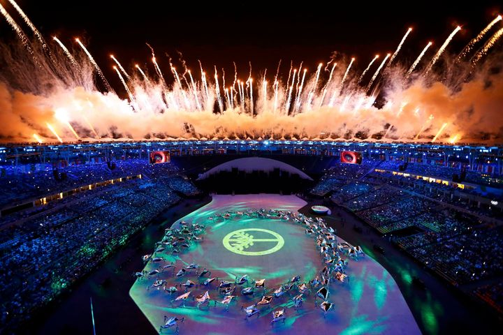 Fireworks explode during the Opening Ceremony.