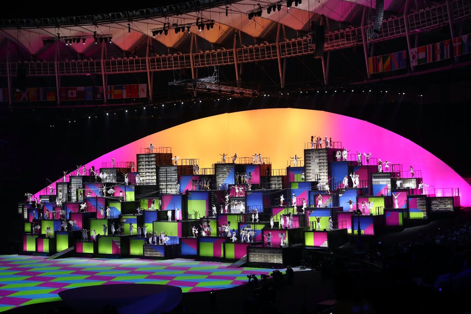Dancers perform the Pop: Favela Voices segment during the Opening Ceremony of the Rio 2016 Olympic Games at Maracana Stadium
