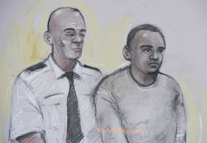 <strong>Court artist sketch of Zakaria Bulhan (right) appearing at Westminster Magistrates Court on Saturday</strong>