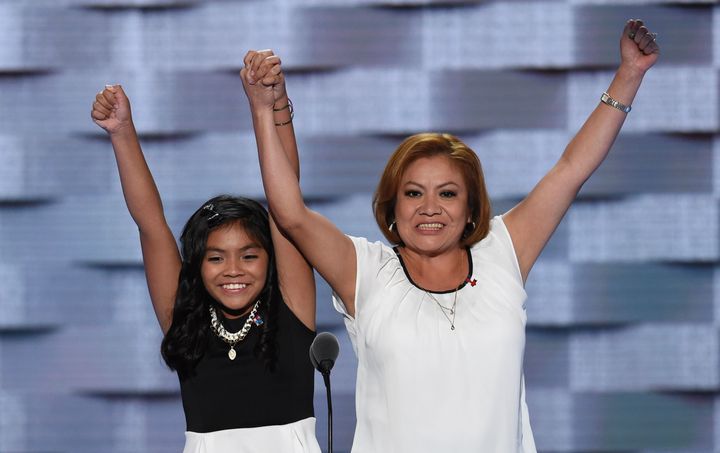 Karla Ortiz (L) and her mother, Francisca Ortiz, appear on the first day of the Democratic National Convention in Philadelphia, Pennsylvania, July 25, 2016.