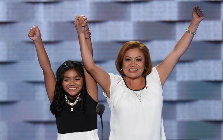 Karla Ortiz (L) and her mother, Francisca Ortiz, appear on the first day of the Democratic National Convention in Philad