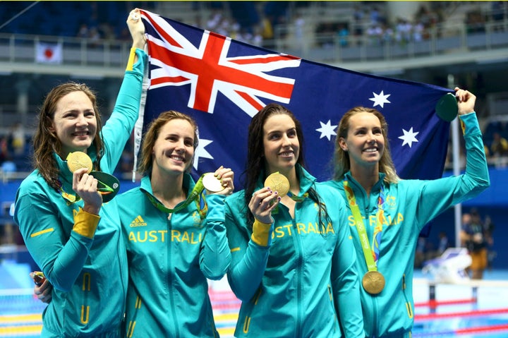 Cate Campbell, Bronte Campbell, Brittany Elmslie and Emma McKeon (pictured left to right) bonded by singing "Get Low" prior t