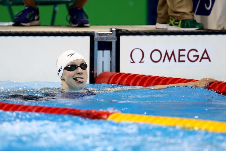 Katie Ledecky of the United States celebrates winning her Women's 400m Freestyle heat on Day 2 of the Rio 2016 Olympic Games.