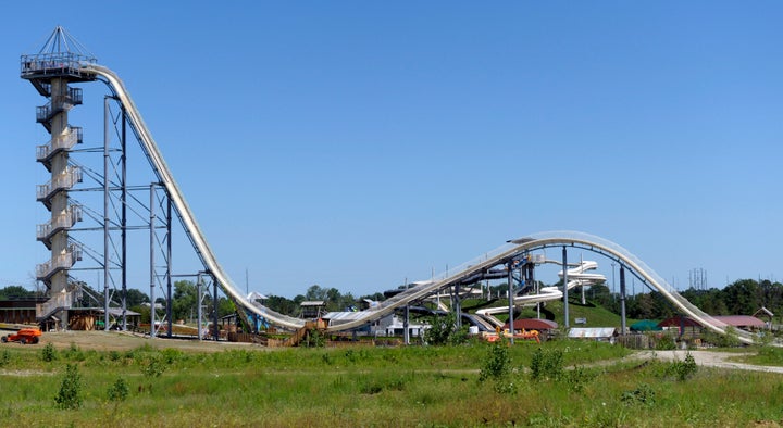 A general view of the Verrückt water slide at the Schlitterbahn Waterpark in Kansas City, Kansas, before its scheduled opening on July 10, 2014. The slide, at 168 feet 7 inches, is the world's tallest water slide, according to Guinness World Records.