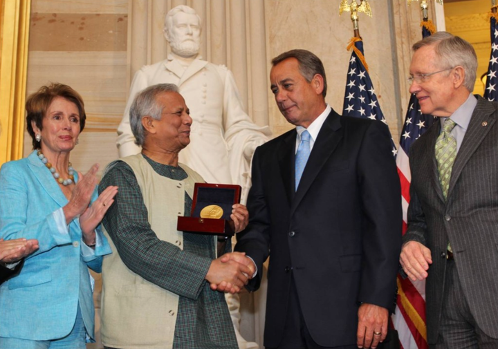 House and Senate leaders (Speaker John Boehner, Nancy Pelosi & Harry Reid) presented Yunus with a Congressional Gold Meda