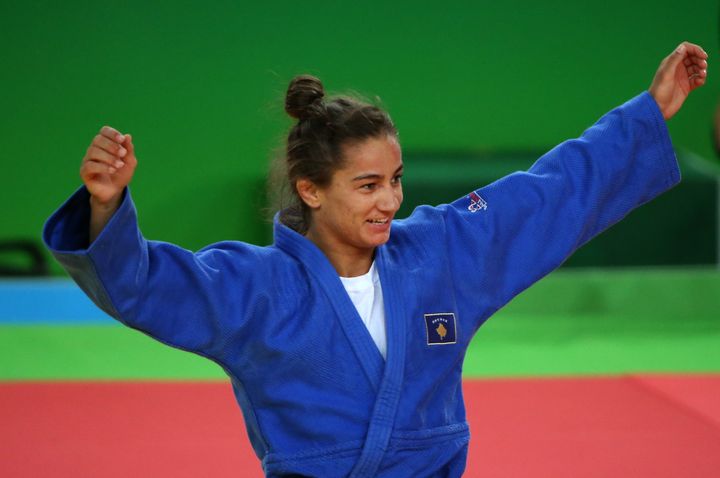 Majlinda Kelmendi, Kosovo's first Olympic medallist, celebrates her victory