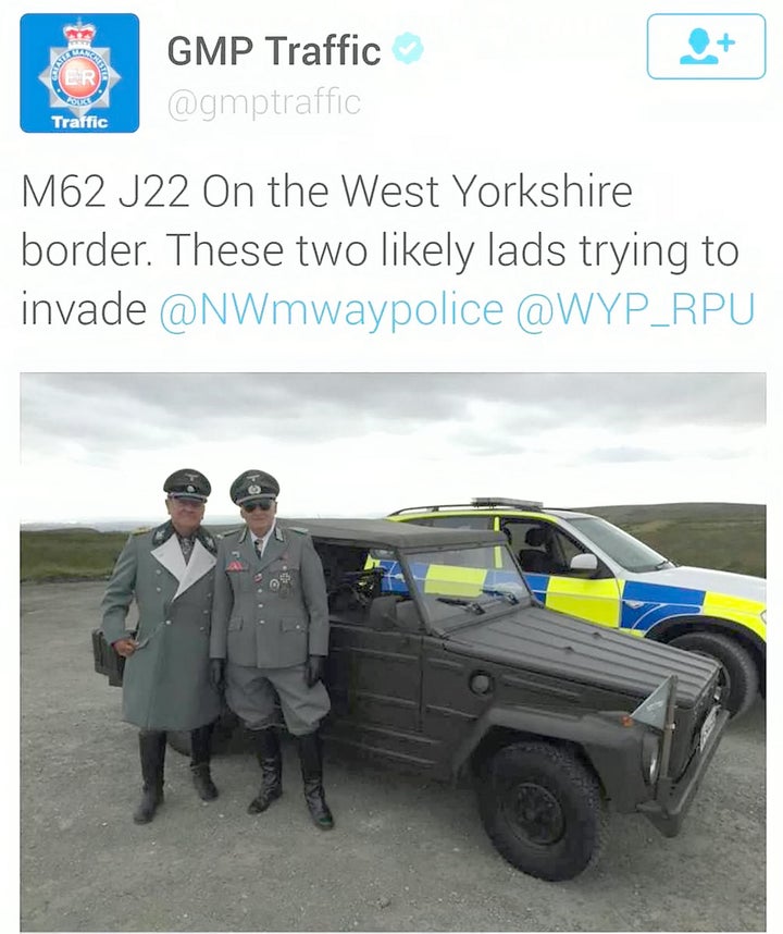 Greater Manchester Police's traffic unit sparked outrage after tweeting this image of two men dressed in Nazi uniform.