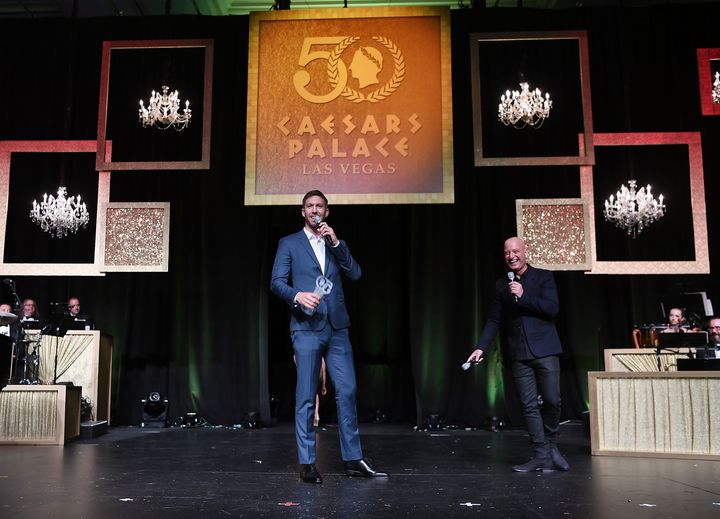 Calvin Harris accepts the Future Icon award at the 50th anniversary gala at Caesars Palace on August 6, 2016, in Las Vegas.