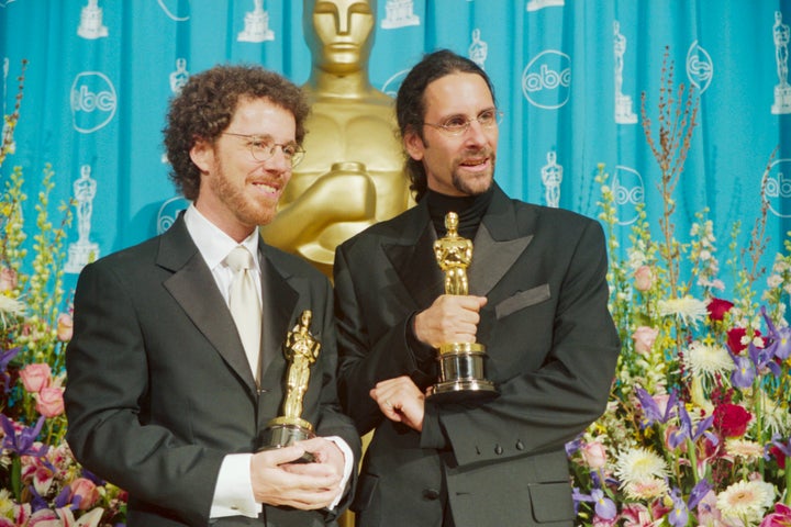 Ethan and Joel Coen with their Oscars after winning Best Screenplay for "Fargo."