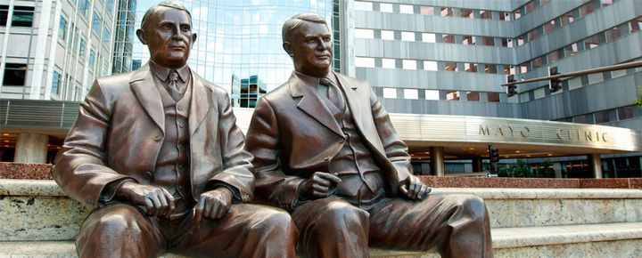 A statue of the Mayo brothers guards the historic, world-class medical center in Rochester, Minnesota. 