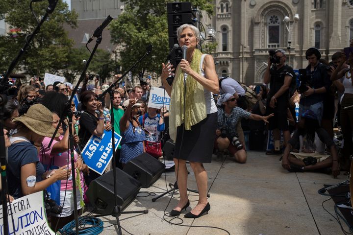 Green Party presidential nominee Jill Stein speaks at a Bernie or Bust rally during the Democratic National Convention in Philadelphia on July 26.