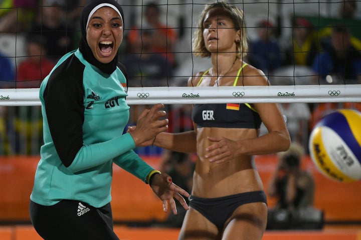 Egypt's Doaa Elghobashy, left, and Germany's Laura Ludwig, right. Two great athletes, two very different beach volleyball outfits.