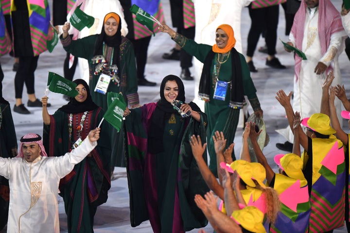 Saudi Arabia's delegation parades during the opening ceremony of the Rio 2016 Olympic Games at the Maracana stadium in Rio de Janeiro on August 5, 2016.