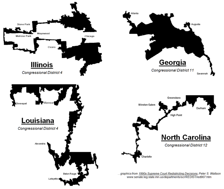 Gerrymandering: Creating weirdly shaped Congressional Districts to screw over your rival party