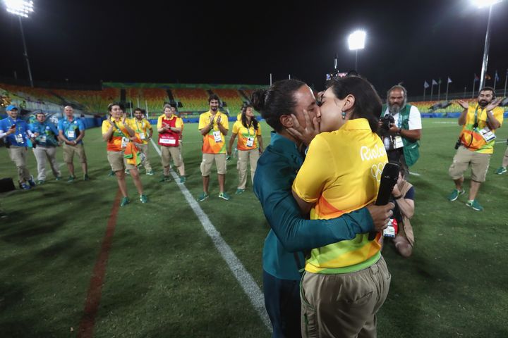 Marjorie Enya, right, and her partner Isadora Cerullo kiss in Deodoro Stadium in Rio.