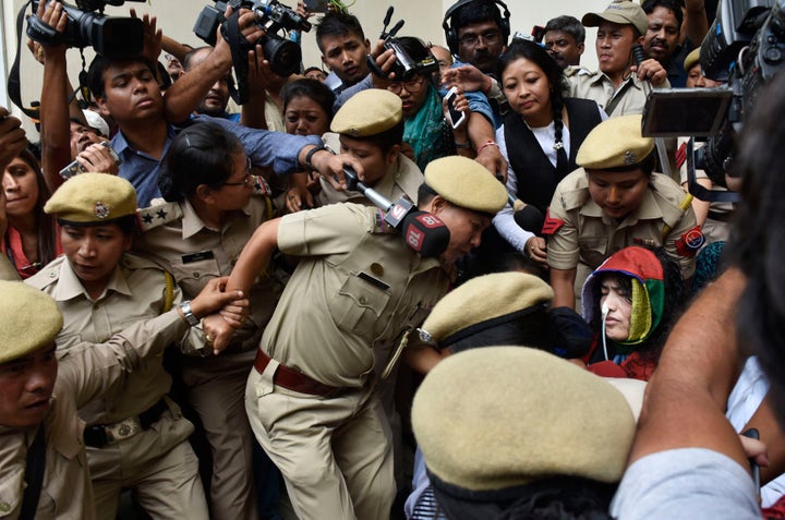 Human rights activist Irom Sharmila being brought to the Cheirap court on August 9, 2016 in Imphal, India.