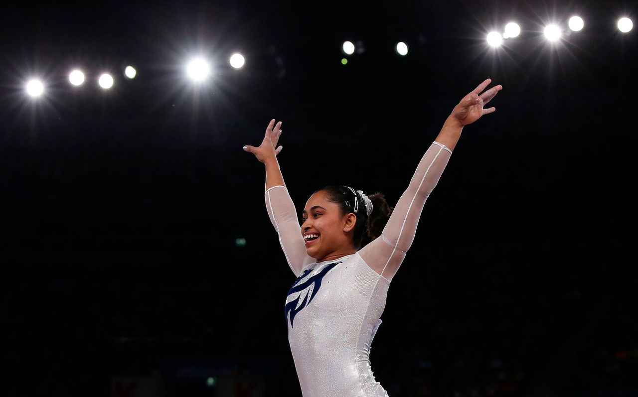 Dipa Karmakar reacts after a successful vault during the women’s gymnastics vault apparatus final at the 2014 Commonwealth Games in Glasgow, Scotland, on July 31, 2014.