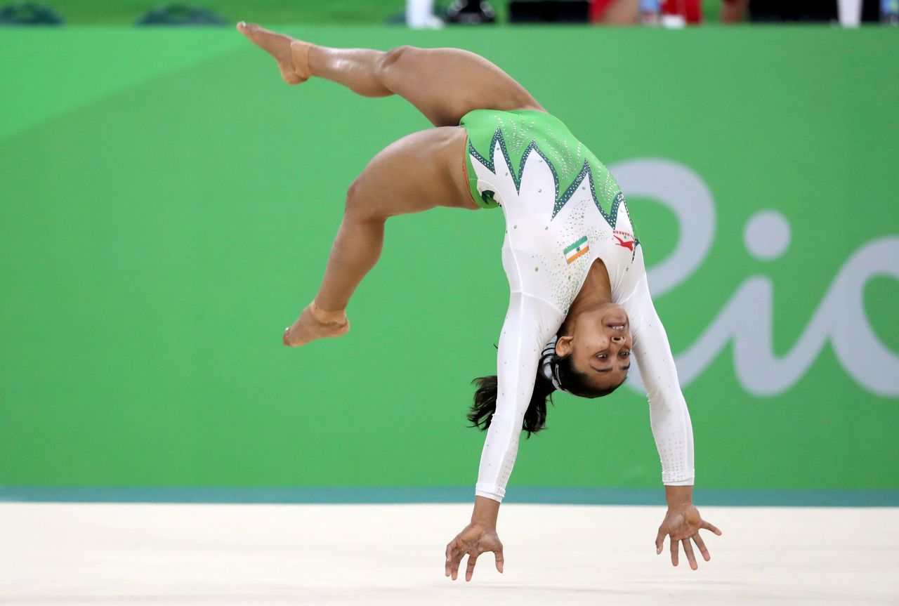 Dipa Karmakar competes on the floor exercise during the women’s qualifications.