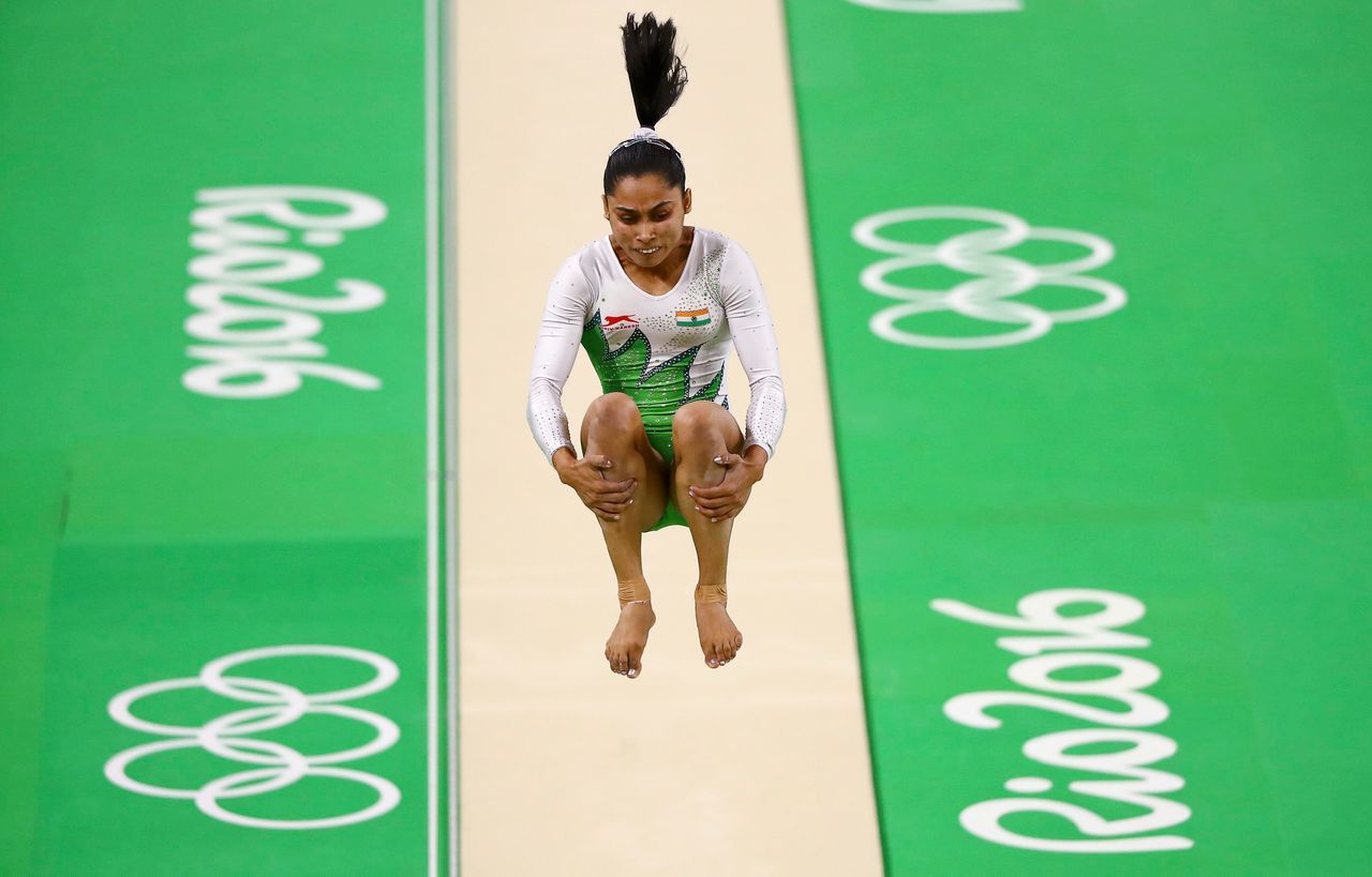 Dipa Karmakar competes on the vault during the women’s qualifications.