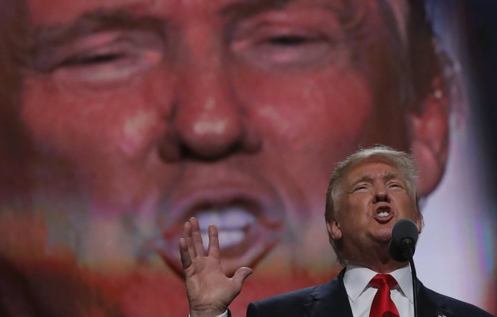 Donald Trump accepts the GOP presidential nomination during the final session of the Republican National Convention in Cleveland, Ohio, on July 21, 2016.