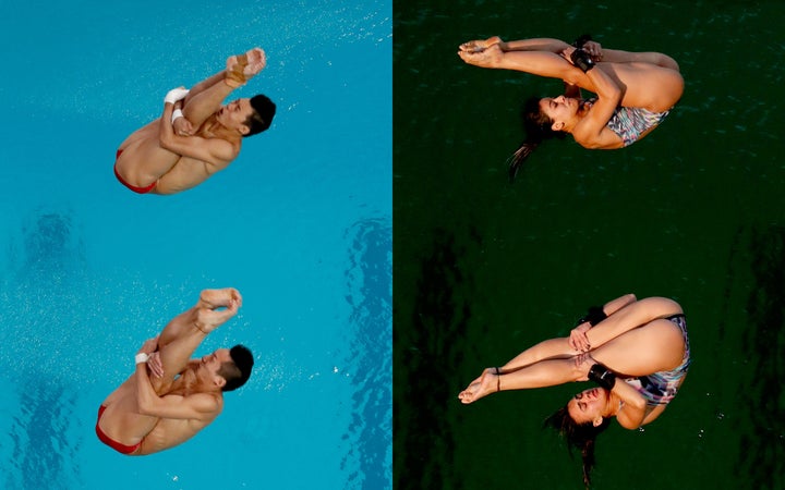 The diving pool on Monday, left, and on Tuesday 