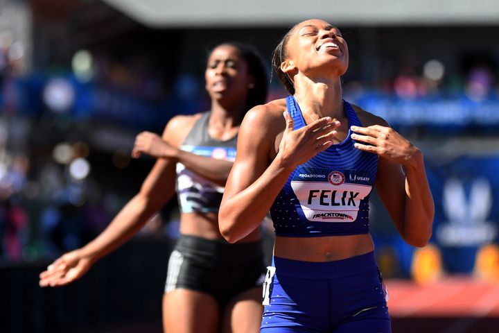 Allyson Felix reacts after competing during the women’s 400m final in the 2016 U.S. Olympic track and field team trials at Hayward Field in Eugene, Oregon.