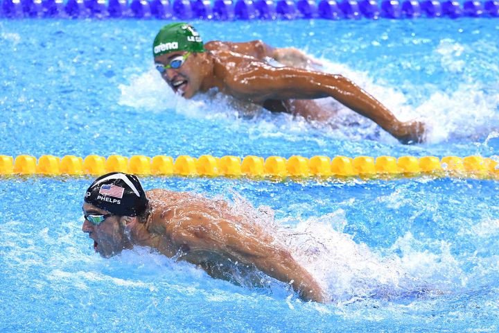 Phelps leading South African Chad le Clos in Tuesday's 200m Butterfly final.