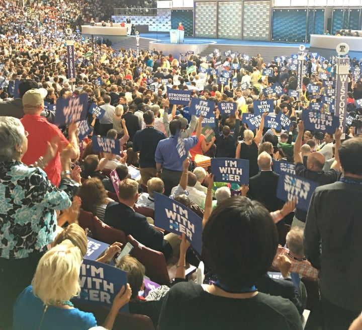 Clinton delegates show their support at the 2016 Democratic National Convention.