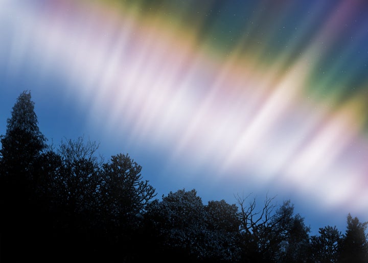 The Northern Lights form when electrons rain down on the Ionosphere.