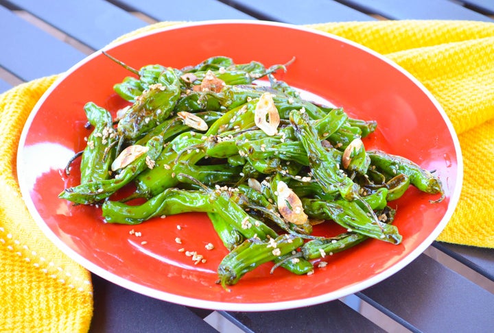 Blistered Shishito Peppers with Garlic Chips