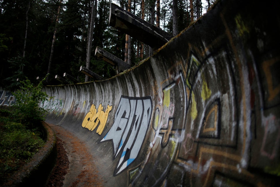 A view of the disused bobsleigh track from the Sarajevo 1984 Winter Olympics on Mount Trebevic, Sept. 19, 2013.