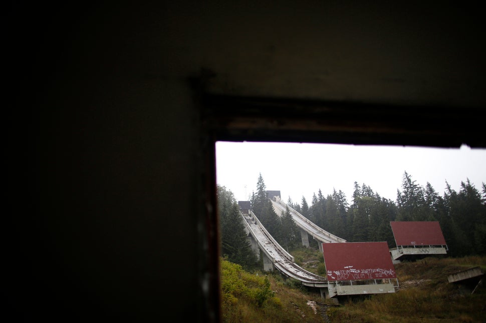 A view of the disused ski jump from the Sarajevo 1984 Winter Olympics on Mount Igman in 2013.