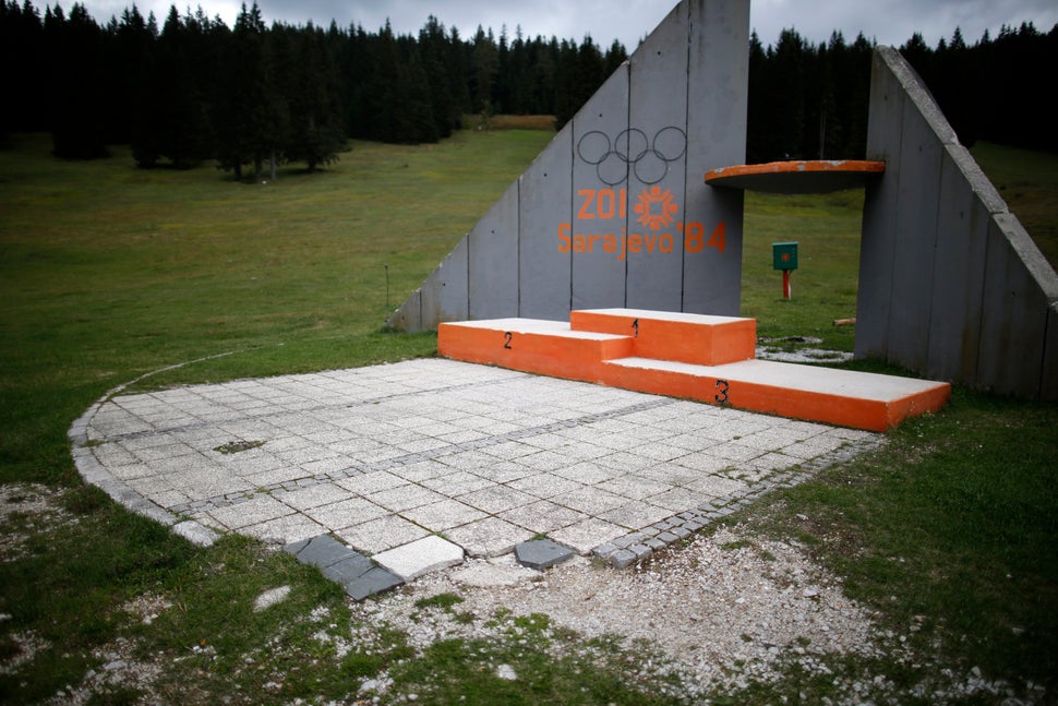 A view of the derelict medals podium at the disused ski jump from the Sarajevo 1984 Winter Olympics in&nbsp;2013.