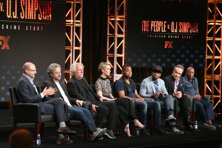 Executive producer Brad Simpson, executive producer Scott Alexander, executive producer Larry Karaszewski, actress Sarah Paulson, actor Cuba Gooding Jr., writer Joe Robert Cole, writer D.V. DeVincentis and director John Singleton speak onstage during the 2016 Television Critics Association press tour on Aug. 9, 2016, in Beverly Hills, California.