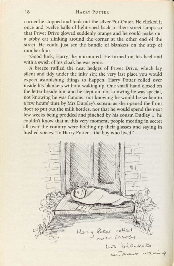 J.K. Rowling drew this illustration in a hand-annotated copy of <em>Harry Potter and the Philosopher's Stone</em> that sold for £150,000 (about $228,000) at Sotheby's in 2013. Courtesy of Sotheby's.