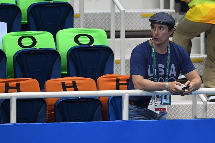 U.S. actor Matthew McConaughey attends swimming finals on Day 3 of the Rio 2016 Olympic Games at the Olympic Aquatics Stadiumon August 8, 2016 in Rio de Janeiro, Brazil.