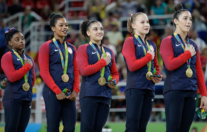 The U.S. women's gymnastics team appears at the 2016 Rio de Janeiro Olympics.