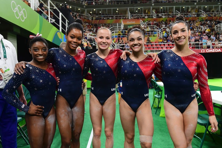 The Final Five, from left to right, Simone Biles, Gabrielle Douglas, Madison Kocian, Lauren Hernandez and Alexandra Raisman.