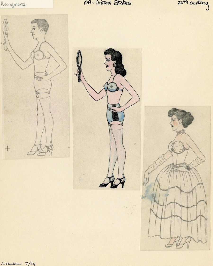 Anonymous, "Man Cross Dressing," Mid 20th century, graphite and colored pencil on paper.