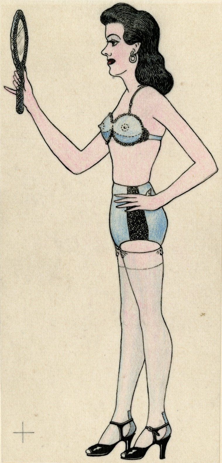 Anonymous, "Man Cross Dressing," Mid 20th century, graphite and colored pencil on paper.