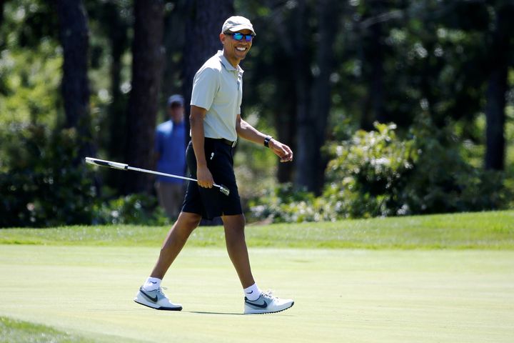 President Barack Obama smiles after putting on the first green at Farm Neck Golf Club during his annual summer vacation on Martha's Vineyard, in Oak Bluffs, Massachusetts, Aug. 7, 2016.
