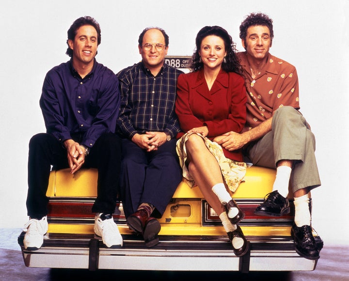 SEINFELD -- Season 6 -- Pictured: (l-r) Jerry Seinfeld as Jerry Seinfeld, Jason Alexander as George Costanza, Julia Louis-Dreyfus as Elaine Benes, Michael Richards as Cosmo Kramer (Photo by George Lange/NBC/NBCU Photo Bank via Getty Images)