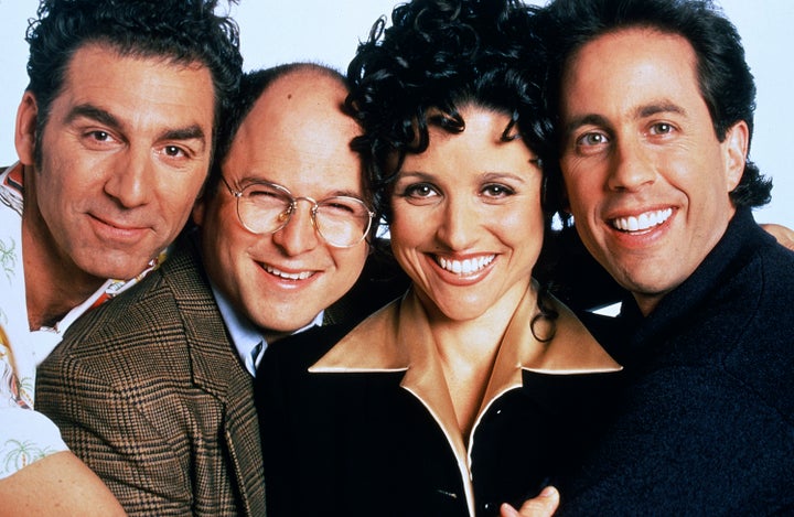 SEINFELD -- Season 9 -- Pictured: (l-r) Michael Richards as Cosmo Kramer, Jason Alexander as George Costanza, Julia Louis-Dreyfus as Elaine Benes, Jerry Seinfeld as Jerry Seinfeld (Photo by Andrew Eccles/NBC/NBCU Photo Bank via Getty Images)