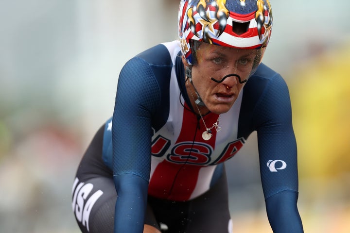 Kristin Armstrong crosses the finish line in the women's individual time trial on Wednesday, the fifth day of the Rio 2016 Olympic Games.