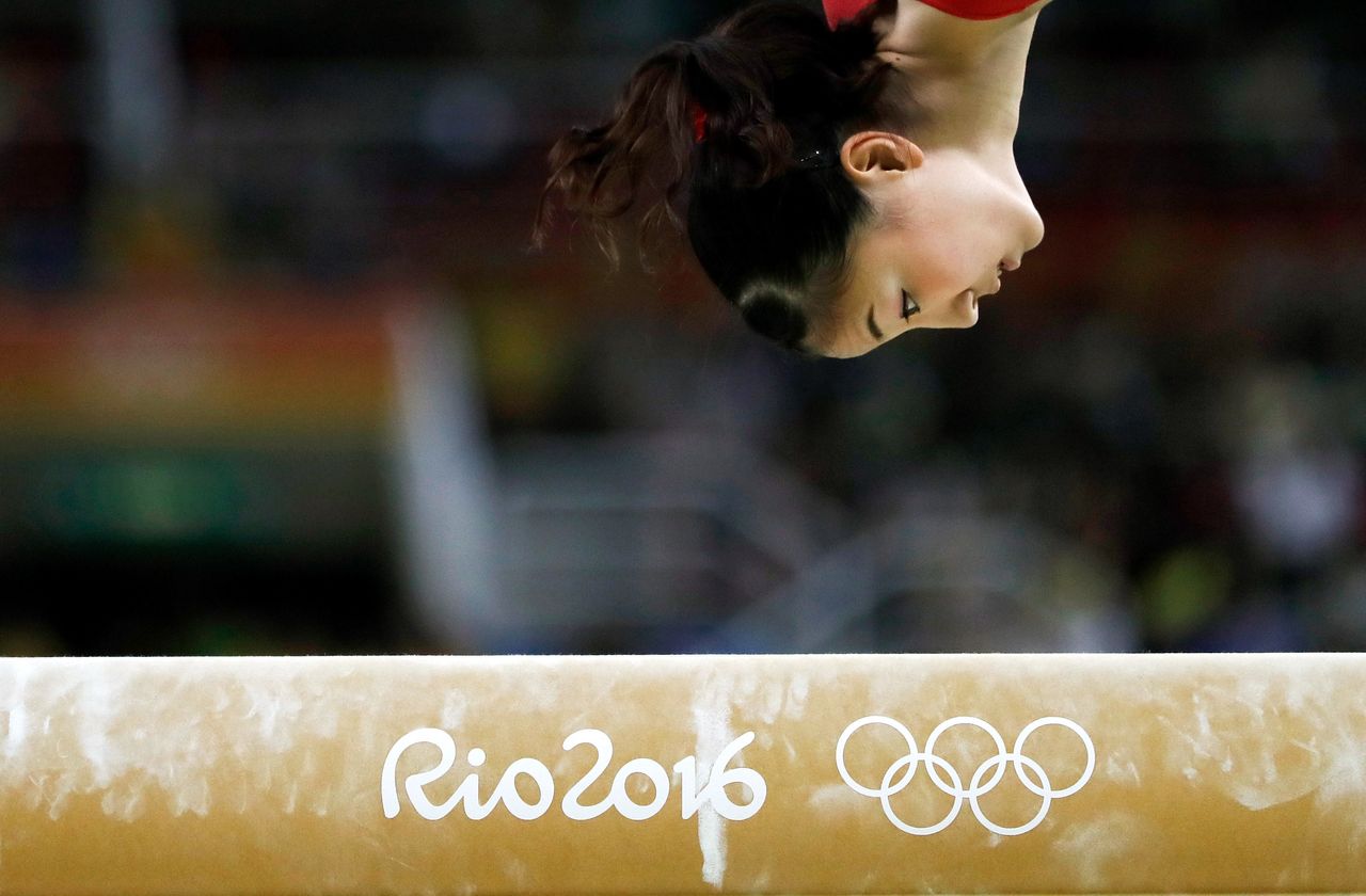 Asuka Teramoto of Japan competes on the balance beam during women's qualification for Artistic Gymnastics.