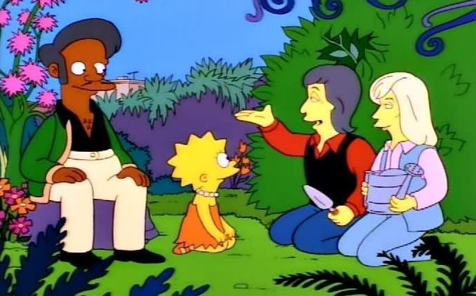 Hank Azaria voices Apu, seen here with Lisa, as well as Paul and Linda McCartney.