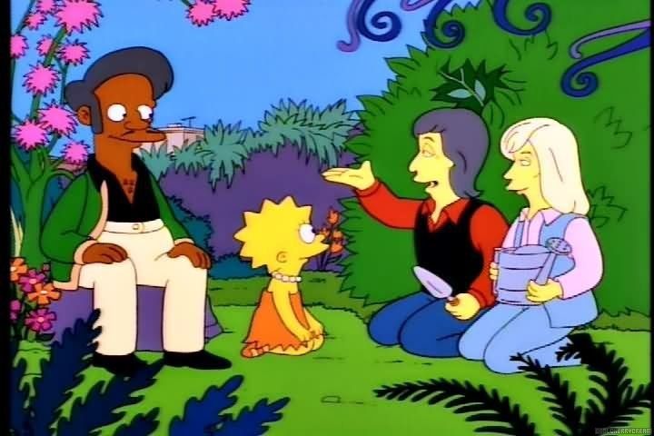 Hank Azaria voices Apu, seen here with Lisa, as well as Paul and Linda McCartney.